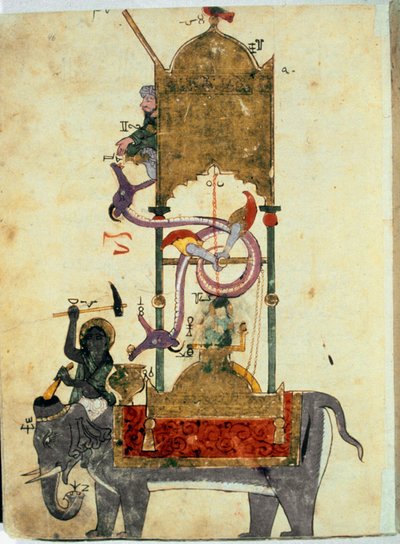 La clepsidra del elefante. Esta es una invención musulmana medieval que consiste en un reloj de agua en forma de elefante diseñado por el ingeniero turco Ibn al-Rajjaj al-Jazari (Al Rajjaj Al Jazari) (1136-1206) alrededor de 1200 de Unknown artist