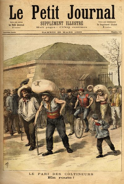 La apuesta de los coltineurs, cargas de bolsas que pesan 100 kilogramos, la apuesta consiste en conectar París y Corbeil a pie (32 kilómetros), el ganador Jean Labas hizo la carrera en 14 horas (12 horas por delante del segundo). Grabado en 