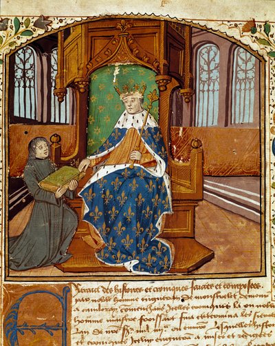 El cronista Enguerrand de Monstrelet (1400-1453) dona su libro al rey Carlos VII (1403-1467). Miniatura de 