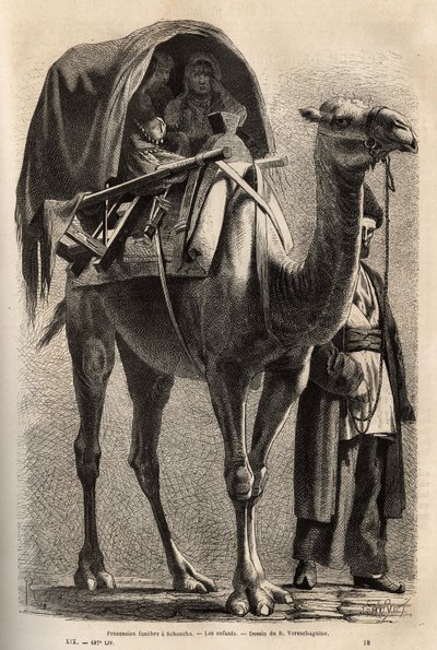 La procesión conmemorativa del mártir de Hossein, después del paso de mártires y penitentes, las mujeres participan en la procesión, medio escondidas en camellos, guiadas por el jefe de la familia. Grabado para ilustrar el viaje en las provincias del Cáuca de Unknown artist