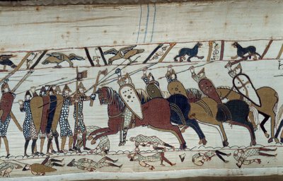 La conquista de Inglaterra por el Duque de Normandía Guillermo el Conquistador (1027-1087) en 1066: escena de la batalla de Hastings oponiendo la infantería normanda a la caballería sajona (detalle) del tapiz de Bayeux o Bordado de la Reina Matilde de Unknown artist
