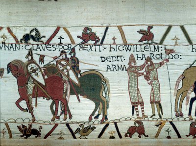 La conquista de Bretaña por el Duque de Normandía Guillermo el Conquistador (1027-1087): a la izquierda el duque recibe las llaves de la ciudad de Dinan, a la derecha hace caballero a Harold, enviado por el rey inglés Eduardo el Confesor (detalle) de Unknown artist