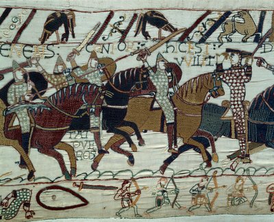 La conquista de Inglaterra por el ejército del Duque de Normandía Guillermo el Conquistador (1027-1087): El Duque Guillermo es reconocido por sus soldados al levantar su casco durante la batalla de Hastings (detalle) de Unknown artist