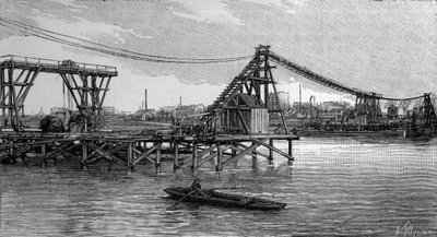 La construcción del puente Mirabeau en París (1893): las esclusas parecen cimientos (de una fotografía). Grabado en "La Nature: revue des sciences et de leurs applications aux arts et a l