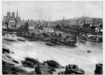La construcción del Pont Neuf en París pasando por la Plaza del Vert-Galant al final de la Île de la Cité. Los primeros trabajos en 1578. Grabado en "Le Monde Illustré" de Unknown artist