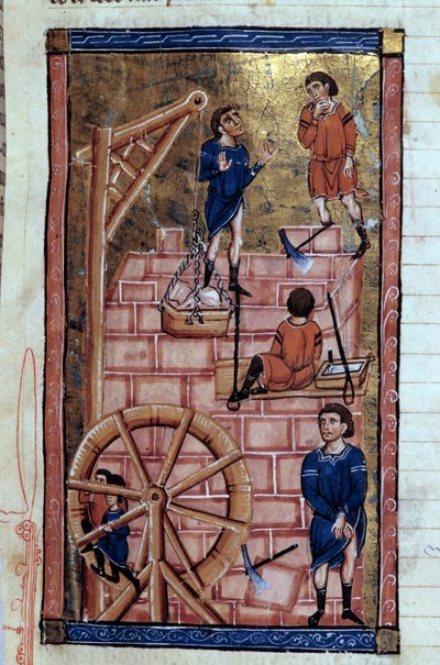 La construcción de la Torre de Babel Miniatura de un manuscrito “Historia Universal” alrededor del siglo XIII. Biblioteca Municipal de Dijon de Unknown artist
