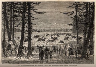 El coral para la caza de renos en el Co-Yukon (co-Yukon o co-Youkouk) (tribu india del extremo norte de Canadá). Grabado para ilustrar el viaje y aventuras en la Colombia Inglesa, Isla de Vancouver y Alaska, por Frederick Whymper de Unknown artist
