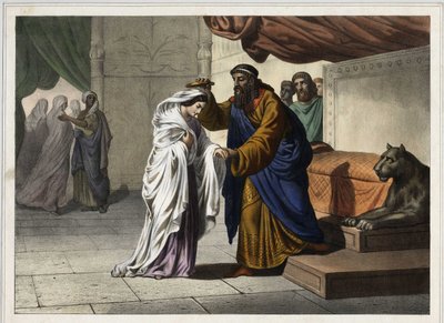 La coronación de Ester: el rey persa Asuero I (Jerjes I) corona a su esposa Ester. Grabado anónimo del siglo XIX de Unknown artist