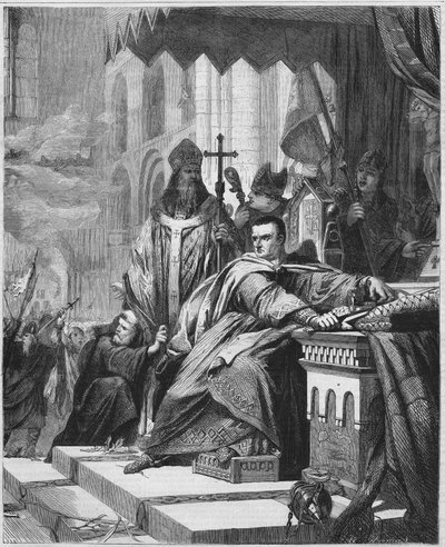 La coronación de Guillermo I el Conquistador (1027 - 1087) en 1066. Duque de Normandía (1035 - 1087) y Rey de Inglaterra (1066 - 1087). Grabado del siglo XIX de Unknown artist