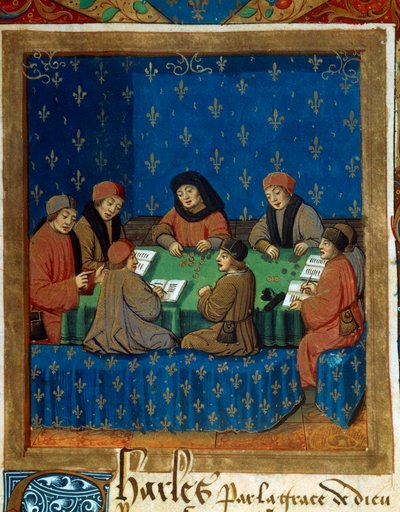 Los contadores del Tesoro Real (miniatura tomada de un manuscrito sobre plata probablemente De Moneta de Nicolás Oresme) de Unknown artist
