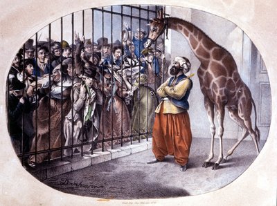 La multitud curiosa se apresuró a ver una jirafa detrás de una puerta. Litografía de Danhaaren. 1829. de Unknown artist