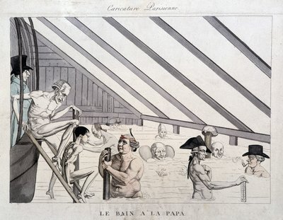 El baño del papá: caricatura sobre las piscinas en París de Unknown artist