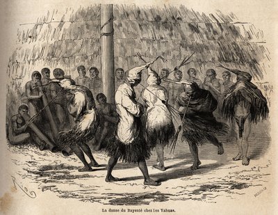 La danza del bayente, o danza del diablo, entre los indios Yahua de Perú, organizada en honor a la luna, se celebra cada año en una cabaña en medio del bosque; después de la ceremonia, la cabaña, las flautas y los tambores se queman cuidadosamente. Grabado de Unknown artist