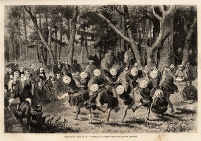 La danza del arroz en el décimo mes del año, relacionada con los cultivos de cereales. Grabado para ilustrar el viaje a Japón, por Aime Humbert, ministro de la Confederación Suiza, en 1863-1864, publicado en 