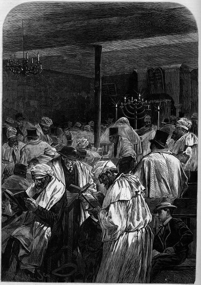El día del gran perdón de los judíos o celebración del Yom Kipur en una sinagoga en la rue Saint Louis en l