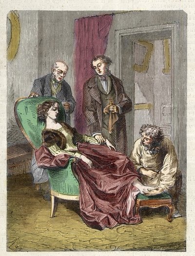 La muerte de Hannah Greener causada por la inhalación de demasiado cloroformo (anestesia) - 1848 - Hannah GREENER, una niña de 15 años sucumbe a un síncope durante una anestesia con cloroformo administrada para operar una uña encarnada - grabado de Unknown artist