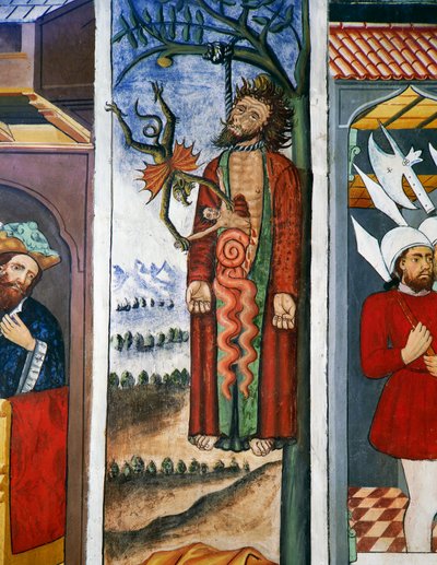 La muerte de Judas, Vida de Cristo (siglo XV), frescos, Capilla de San Sebastián, Villard-de-Lans, Ródano-Alpes, Francia de Unknown artist