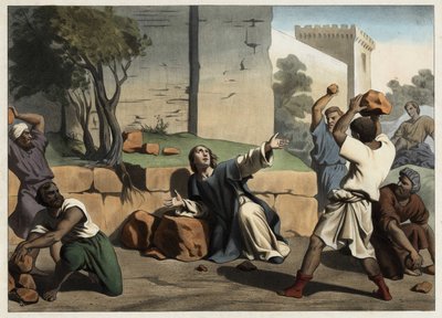 La muerte de San Esteban: San Esteban apedreado por los judíos es considerado el primer mártir cristiano. Grabado anónimo de mediados del siglo XIX. de Unknown artist