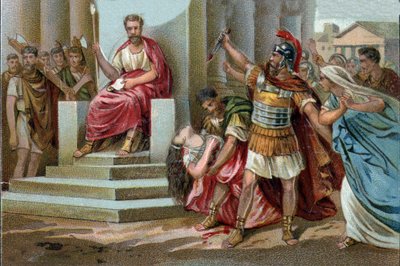 La muerte de Virginia en 449 a.C., Apio Claudio, decemviro bajo la República de Roma, reclama a Virginia (Verginia), hija del Centurión Virginius (Verginius) de la cual está enamorado, como su esclava. Abusando de su poder, la hace detener. de Unknown artist