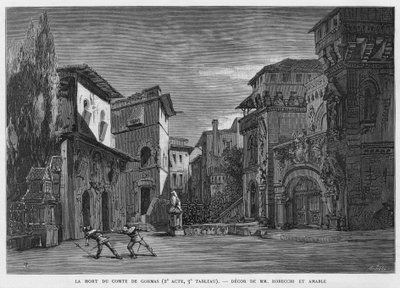 La muerte del Conde de Gormas, padre de Chimene, asesinado por el Cid durante un duelo. Ilustración de 