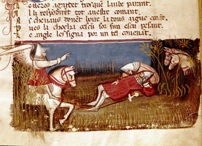 La muerte del caballero Roldán, sobrino de Carlomagno, durante la Batalla de Roncesvalles, 778. Miniatura tomada de 