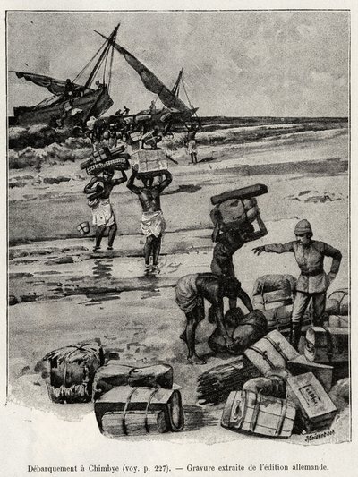 El desembarco en Chimbye (Tanzania) de la expedición de Peters. Grabado para ilustrar la historia “Au secours d