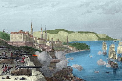 La defensa de Quebec por el Conde Louis de Buade, Conde de Frontenac (1622-1698) el 16/10/1690. Grabado coloreado en “Histoire générale de la marine” por Van Tenac de Unknown artist