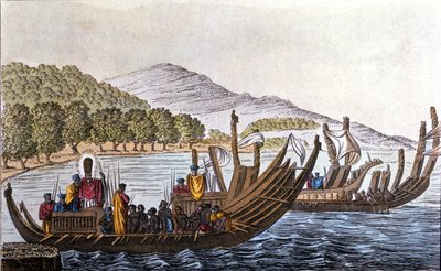 El departamento de polinesios para el Pacífico a bordo de canoas de doble casco. Litografía de principios del siglo XIX de Unknown artist