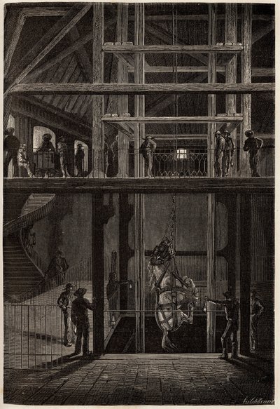 El descenso de un caballo en las minas de Creusot, utilizado en túneles subterráneos para el transporte de carros de carbón. Grabado para ilustrar un viaje a Creusot y las minas de Saona y Loira, en 1865, por L. Simonin, en “Le tour du monde, nouveau journ de Unknown artist