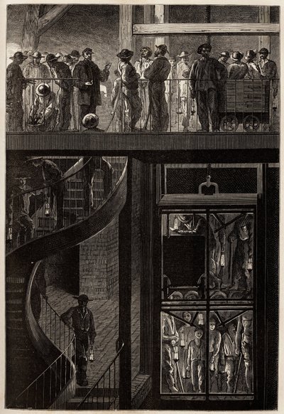 El descenso de mineros (hombres, mujeres y niños) a través de la jaula del ascensor a las galerías subterráneas de las minas de carbón de Creusot. Grabado para ilustrar un viaje a Creusot y las minas de Saona y Loira, en 1865, por L. Simonin, en “Le tour d de Unknown artist