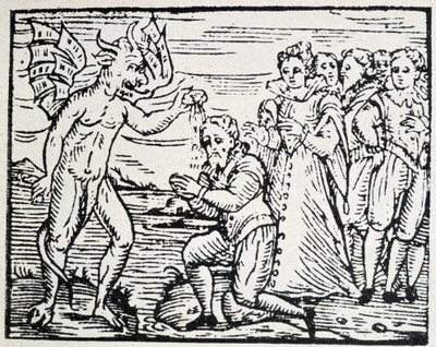 El diablo bautizando a hombres y mujeres en oración - grabado de Unknown artist