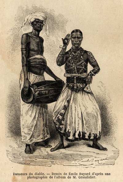 Los bailarines del diablo, cuya práctica se remonta al siglo III d.C., se basan en creencias supersticiosas de encantamientos, cantos y danzas, para advertir a una persona enferma o expulsar una influencia nefasta. Grabado para ilustrar el viaje en el meri de Unknown artist