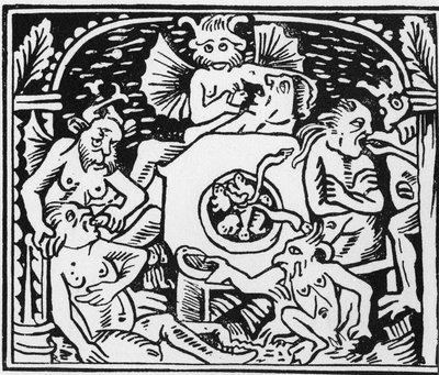 Los demonios atormentadores obligan a los glotones a comer sapos y serpientes - Grand Calendrier et Compost des Bergers, Lyon de Unknown artist