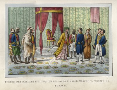 El dey de Argel, Hussein, ofendido por el cónsul francés Pierre Deval, le golpeó con su matamoscas en abril de 1827. Este episodio fue decisivo en la evolución de los eventos que llevaron a la captura de Argel en 1830. Grabado en “L