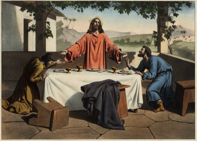 Los discípulos de Emaús se encuentran con el Cristo resucitado en la noche de Pascua, quien comparte el pan. Grabado anónimo de mediados del siglo XIX de Unknown artist