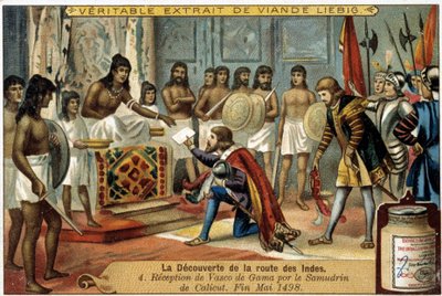 El descubrimiento de la ruta de las Indias: Recepción de Vasco de Gama por el Samudrin de Calicut, finales de mayo de 1498 - viñeta publicitaria Liébig de Unknown artist