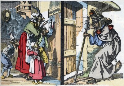 El lobo disfrazado llama a la puerta de la casa con la cabra y los cabritillos. Ilustración del cuento "Compere le Loup, Maitre Renard, Comere la Chevre et ses petits biquets" después de una fábula de Jean de la Fontaine. En "Cuentos del hogar para los peq de Unknown artist
