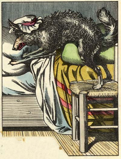 El lobo disfrazado toma el lugar de la abuela en la cama. Ilustración del cuento “Caperucita Roja” de Charles Perrault. de Unknown artist