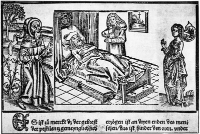 El médico en la cama del pestífero, grabado en madera del “Liber pestilentialis” de Jérôme Brunschwig, Estrasburgo de Unknown artist