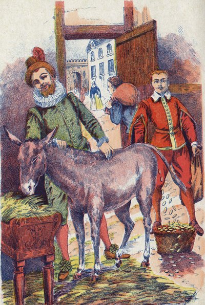 El burro con ecus de oro. Ilustración para el cuento “Piel de Asno” de Charles Perrault (1628-1703), escritor francés. Ilustración anónima. Imágenes de Marcel Vagne, Jarville Nancy, sin fecha (finales del siglo XIX) de Unknown artist