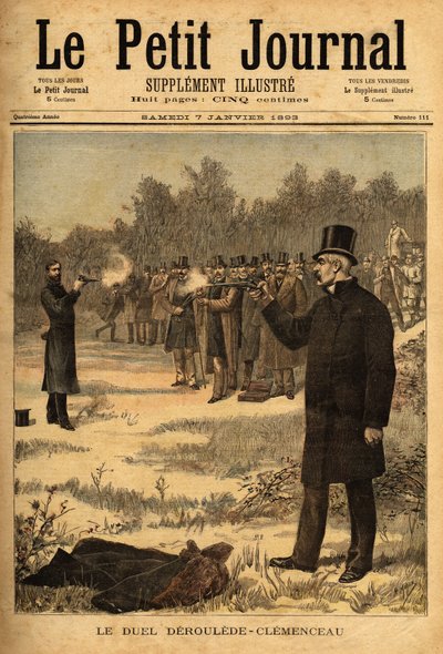 El duelo con pistola (prohibido en Francia desde 1626) entre los diputados Paul Deroulede (1846-1914) y Georges Clemenceau (1841-1929), sin daño. Grabado en “Le petit journal” 7/01/1893. Colección Selva de Unknown artist