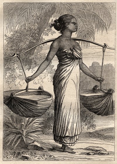La expedición alrededor del mundo (1790-1792) por el Capitán Etienne Marchand (1755-1793): portador de agua en Timor (Timor Oriental, Indonesia) - ilustración tomada de “Los Grandes Marineros del siglo XVIII” de Unknown artist