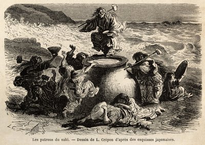 La familia de los inventores del sake, compuesta por padres y sus ocho hijos, jefes colectivos de la cervecería, viven en la costa del gran Océano, llevan un cinturón de hojas de roble y un largo cabello rojizo que les cubre hasta las caderas, brazos de cu de Unknown artist