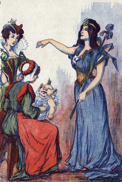 El hada predice que Riquet tendrá mucha inteligencia. Ilustración de “Riquet à la houppe”, cuento de Charles Perrault (1628-1703), escritor francés. Ilustración anónima. Imágenes Marcel Vagne, Jarville Nancy, sin fecha (finales del siglo XIX). de Unknown artist