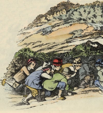 Los hermanos del pequeño Poucet se esconden en una roca hueca para escapar del ogro. Ilustración del cuento “Le Petit Poucet” de Charles Perrault de Unknown artist