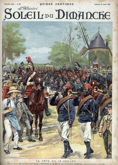 La fiesta del 14 de julio: el comandante Marchand encabeza a los jinetes senegaleses. Grabado en "Le sun-du-dimanche", 23 de julio de Unknown artist