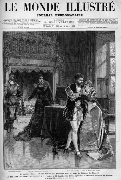El cuarteto final, la segunda pintura del cuarto acto que tiene lugar en la sala del castillo de Kimbolt. Escena de la ópera Enrique VIII de Camille Saint-Saens representada en la academia nacional de música el 5 de marzo de Unknown artist