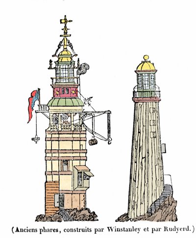 El primer y segundo faro en Eddystone. El primero, construido en 1696, desapareció una noche de tormenta en 1703; el segundo colapsó en 1775 debido a un incendio de Unknown artist