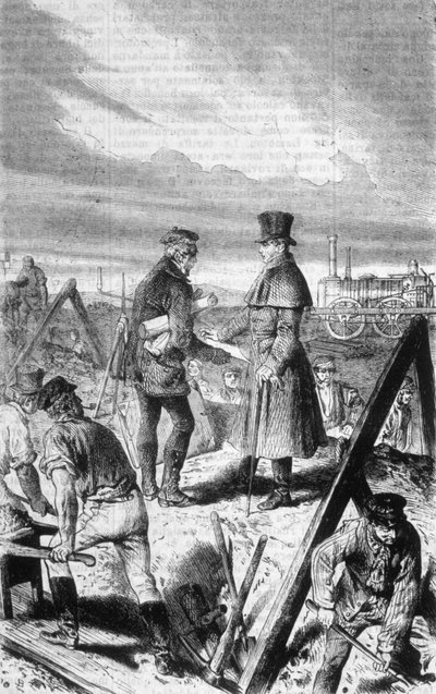 La primera locomotora de vapor construida por el ingeniero británico George Stephenson (1781-1848). de Unknown artist