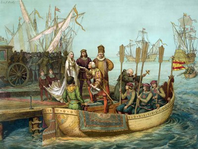El primer viaje: Cristóbal Colón saludando a la Reina Isabel de Castilla en el puerto de Palos antes de la partida en 1492. Grabado del siglo XIX de Unknown artist